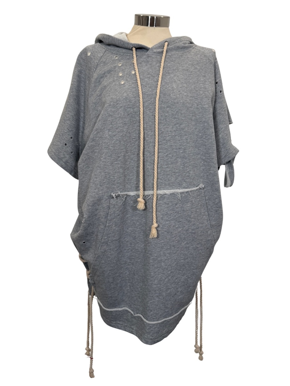 NUDE Distressed Hooded Mini Dress in Heather Gray with Natural Rope Drawstrings